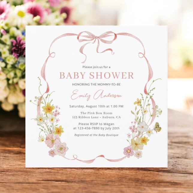 Pink Bow Girl Wildflower Butterfly Baby Shower Invitation (Creator Uploaded)