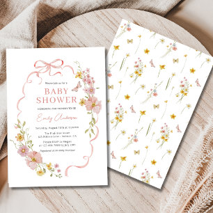 Pink Bow Girl Wildflower Butterfly Baby Shower Invitation