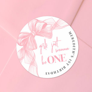 Pink Bow Girls 1st Birthday Classic Round Sticker