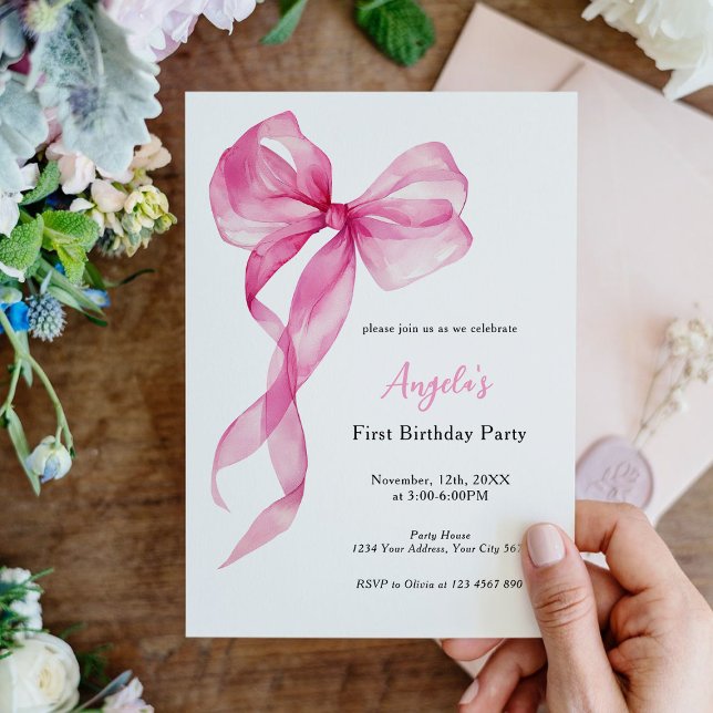 Pink Bow Girls 1st Birthday Invitation (Creator Uploaded)