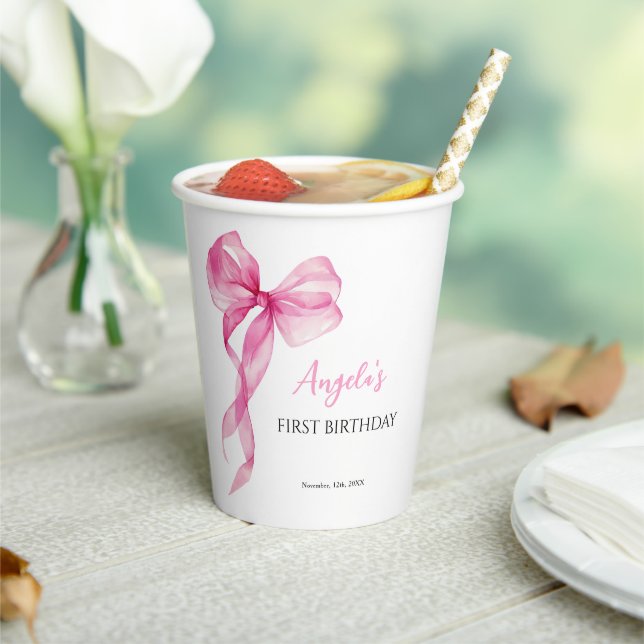 Pink Bow Girls 1st Birthday Paper Cups (Insitu)