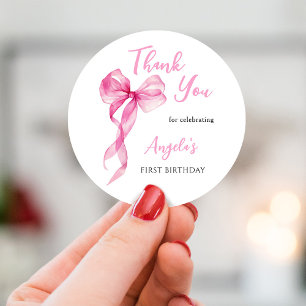 Pink Bow Girls 1st Birthday Thank You Classic Round Sticker