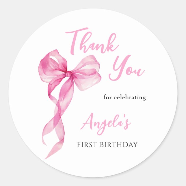 Pink Bow Girls 1st Birthday Thank You Classic Round Sticker (Front)