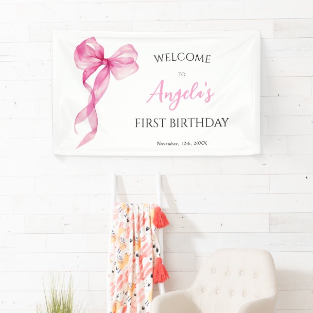 Pink Bow Girls 1st Birthday Welcome Banner (Insitu)