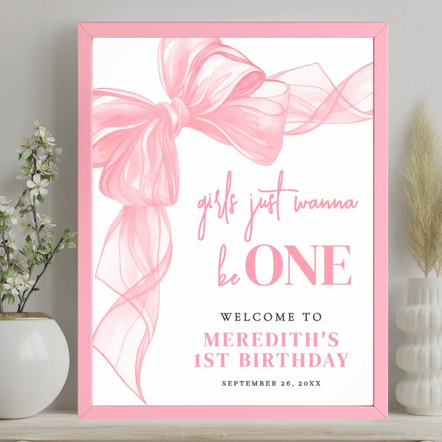 Pink Bow Girls 1st Birthday Welcome Sign (Pink Bow Girls 1st Birthday Welcome Sign)