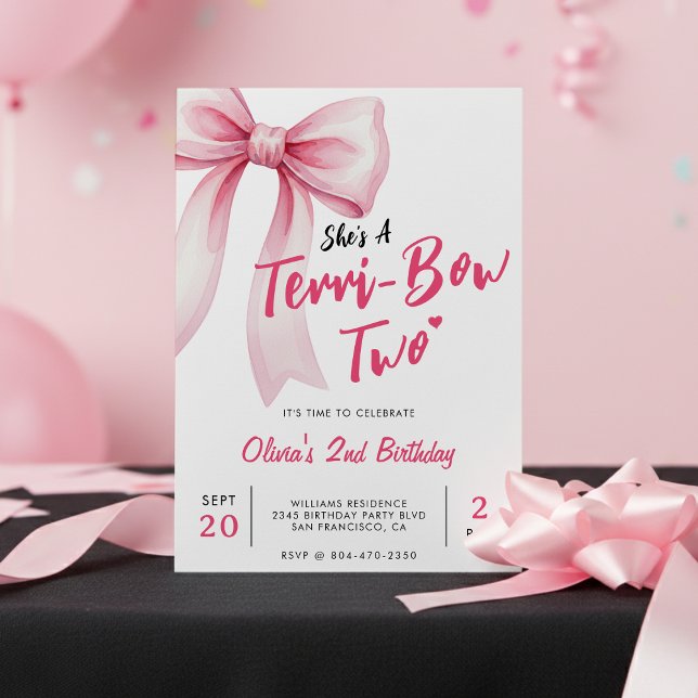 Pink Bow Girls 2nd Birthday Party Terrible Two Invitation (Pink Bow Girls 2nd Birthday Party Terrible Two Invitation
)