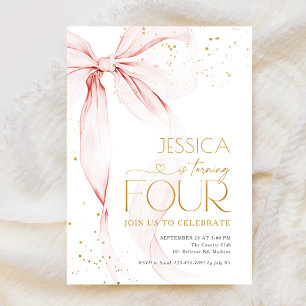 Pink Bow Girls 4th Birthday  Invitation