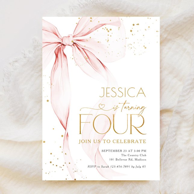 Pink Bow Girls 4th Birthday  Invitation (Creator Uploaded)