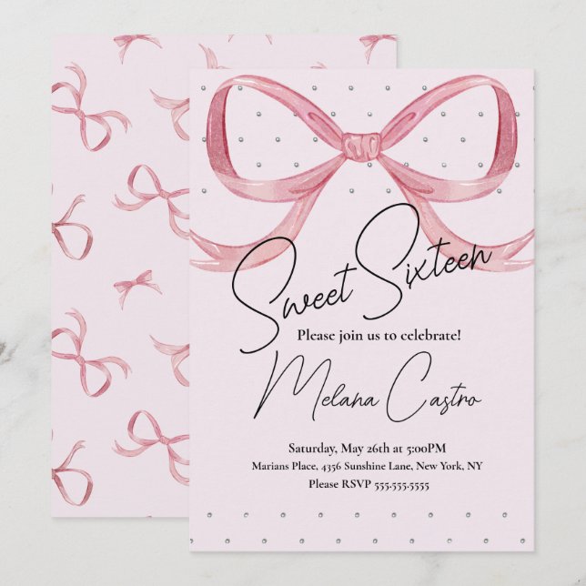 Pink Bow Girls Coquette Sweet 16 Birthday Invitation (Front/Back)