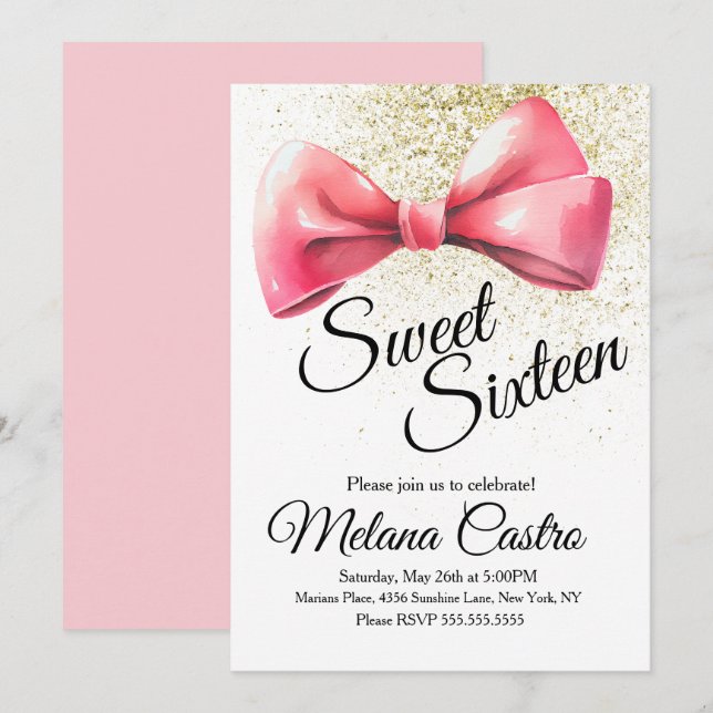 Pink Bow Girls Coquette Sweet 16 Birthday Invitation (Front/Back)