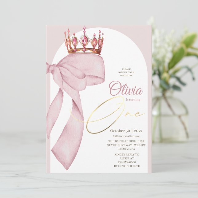 Pink Bow Girls First Birthday  Invitation (Standing Front)