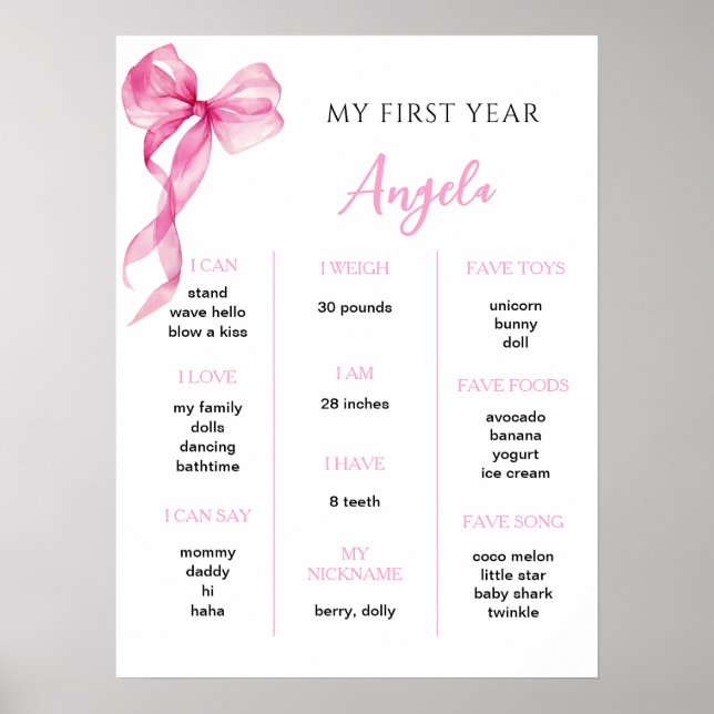 Pink Bow Girls first birthday milestone Poster (Front)
