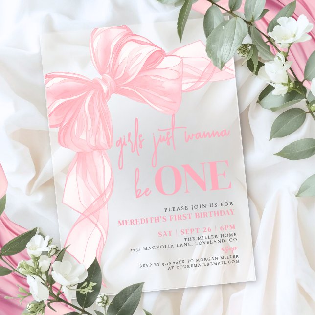 Pink Bow Girls Just Wanna Be ONE 1st Birthday Acrylic Invitations (Pink Bow Girls Just Wanna Be ONE 1st Birthday Acrylic Invitations)