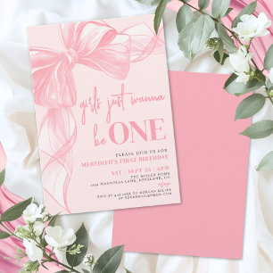 Pink Bow Girls Just Wanna Be ONE 1st Birthday Invitation