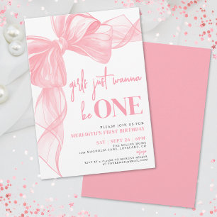 Pink Bow Girls Just Wanna Be ONE 1st Birthday Invitation