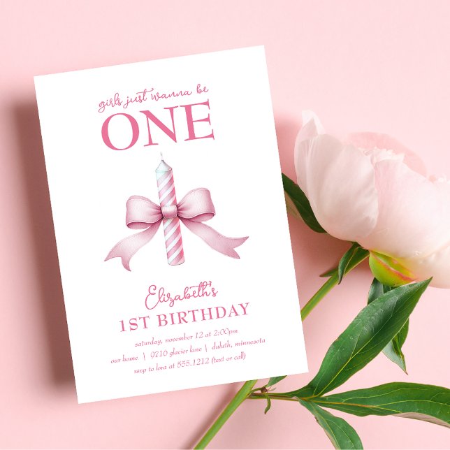 Pink Bow Girls Just Wanna Be One 1st Birthday  Invitation (Pink Bow Girls Just Wanna Be One 1st Birthday Invitation)