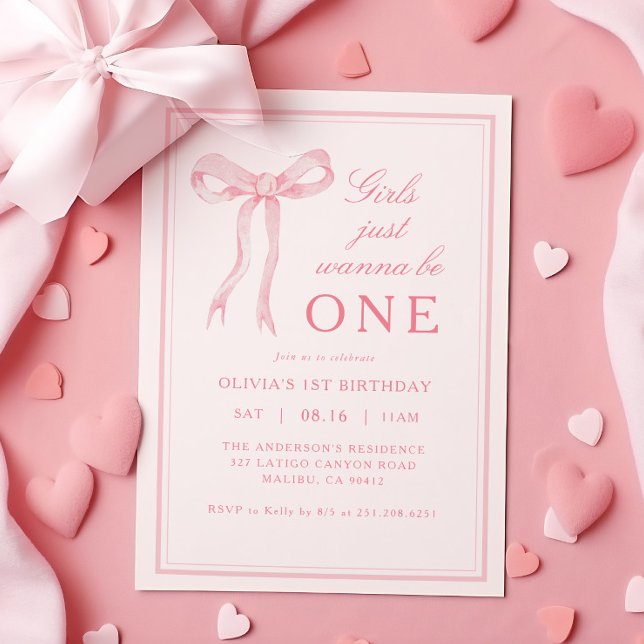 Pink Bow Girls Just Wanna Be One 1st Birthday Invitation (Creator Uploaded)
