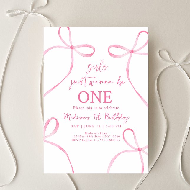 Pink Bow Girls Just Wanna Be One 1st Birthday Invitation (Creator Uploaded)