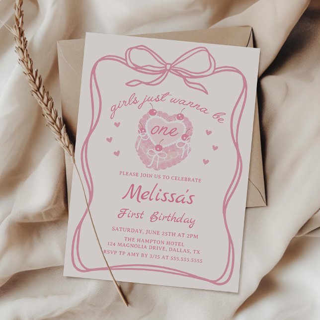 Pink Bow Girls Just Wanna Be One Birthday Invitation (Creator Uploaded)