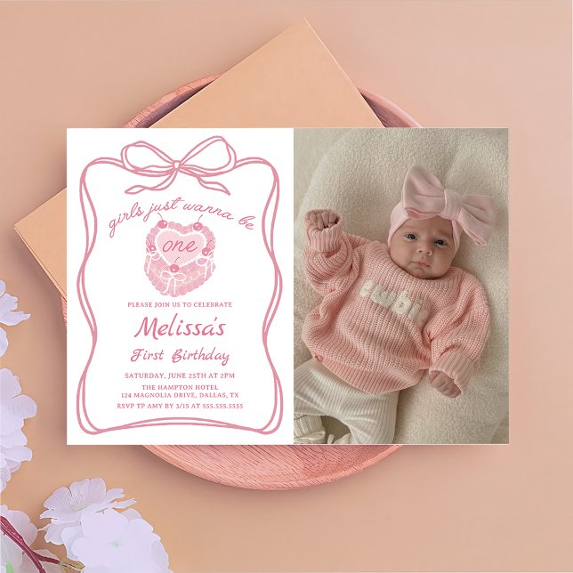 Pink Bow Girls Just Wanna Be One Birthday Photo Invitation (Creator Uploaded)