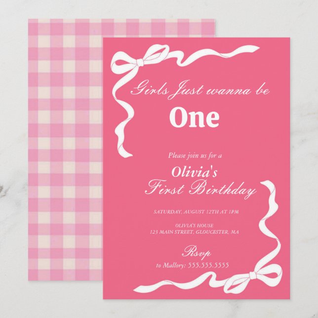 Pink Bow Girls Just Want To Be One 1st Birthday In Invitation (Front/Back)