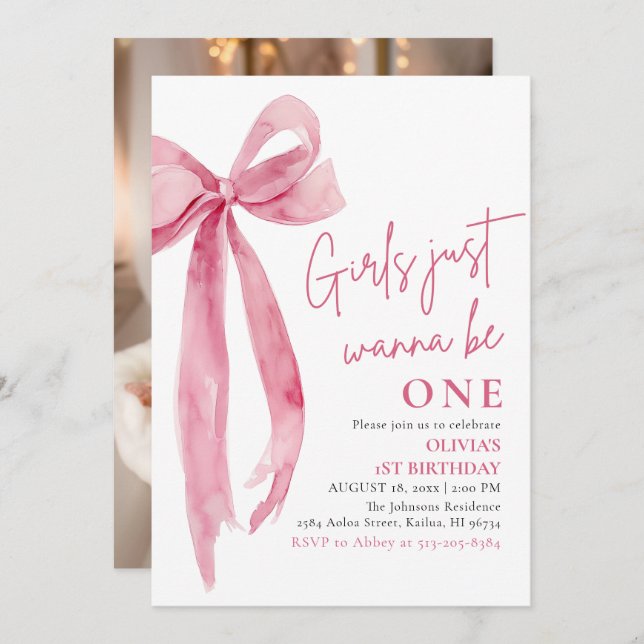 Pink Bow Girls Just Want To Be One 1st Birthday  Invitation (Front/Back)