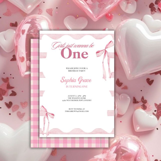 Pink Bow Girls Just Want To Be One 1st Birthday Invitation (Creator Uploaded)