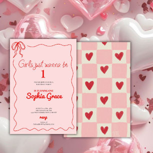 Pink Bow Girls Just Want To Be One 1st Birthday Invitation