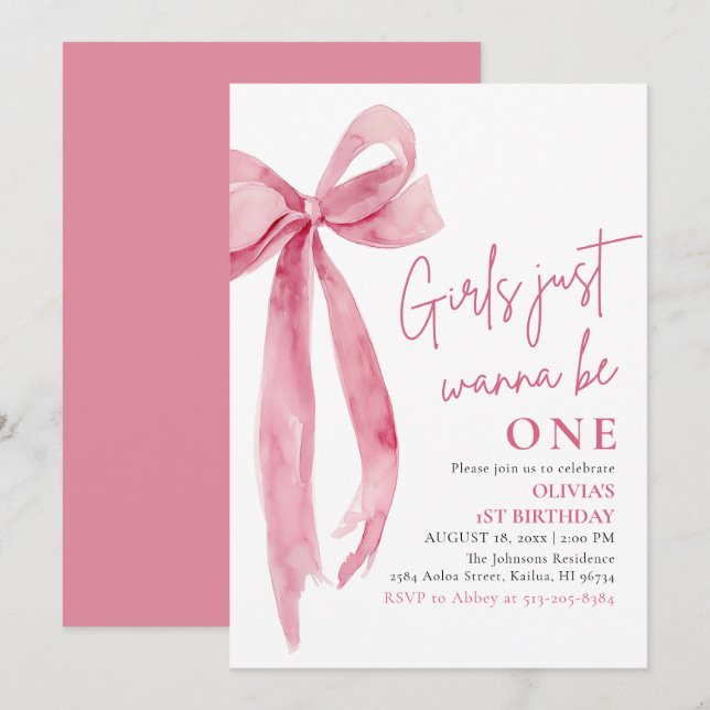 Pink Bow Girls Just Want To Be One 1st Birthday  Invitation (Front/Back)