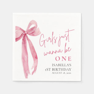 Pink Bow Girls Just Want To Be One 1st Birthday Napkin