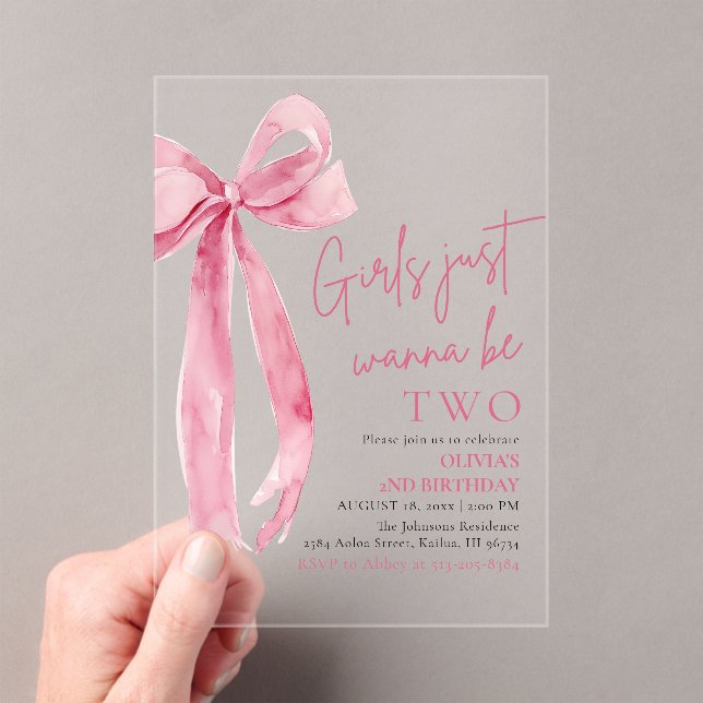 Pink Bow Girls Just Want To Be Two 2nd Birthday  Acrylic Invitations (Insitu (Handheld))