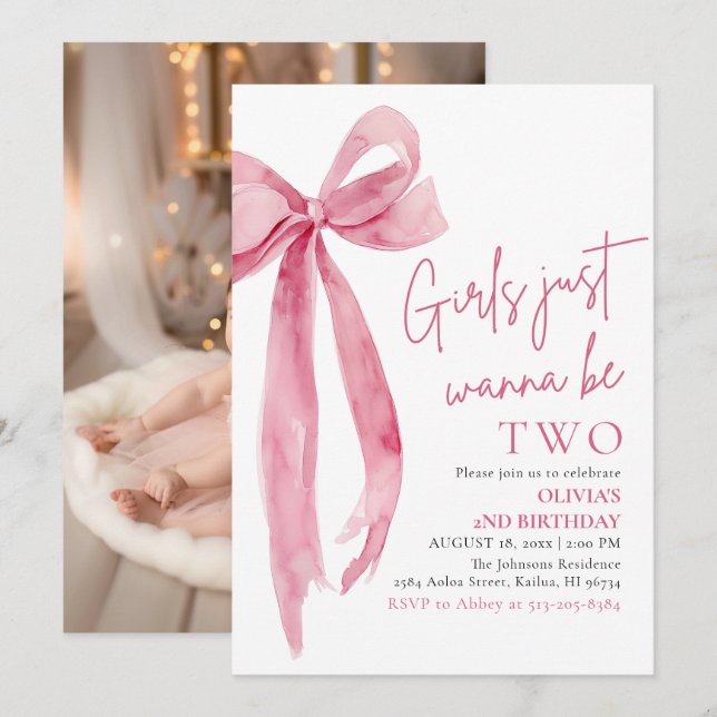 Pink Bow Girls Just Want To Be Two 2nd Birthday  Invitation (Front/Back)