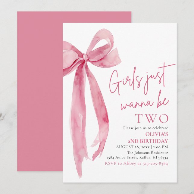 Pink Bow Girls Just Want To Be Two 2nd Birthday  Invitation (Front/Back)