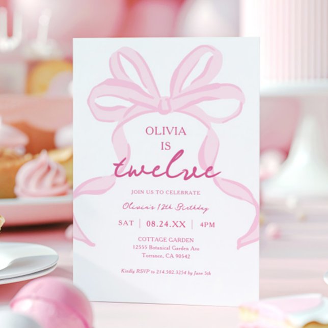 Pink Bow Girly Coquette Girls 12th Birthday Party Invitation (Creator Uploaded)