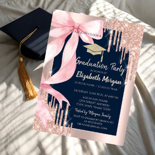 Pink Bow Glitter Grad Cap,Drips Navy Blue   Invitation