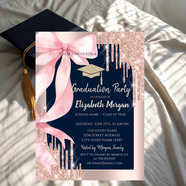 Pink Bow Glitter Grad Cap,Drips Photo Navy Blue   Invitation (Creator Uploaded)