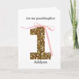 Pink Bow Gold Glitter 1st Birthday Granddaugher Card