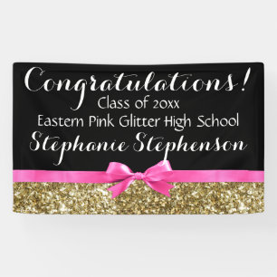 Pink Bow Gold Glitter Girls Graduation Party Banner