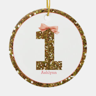 Pink Bow Gold Glitter One 1st Birthday Ceramic Tree Decoration