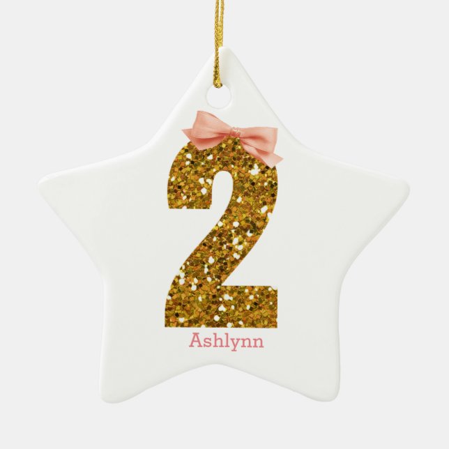 Pink Bow Gold Glitter Two 2nd Birthday Ceramic Tree Decoration (Front)