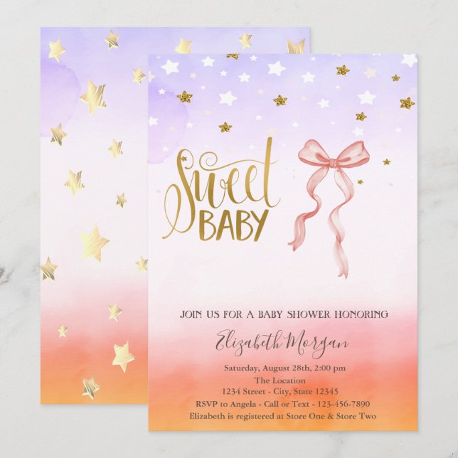 Pink Bow Gold Star Baby Shower Invitation (Front/Back)