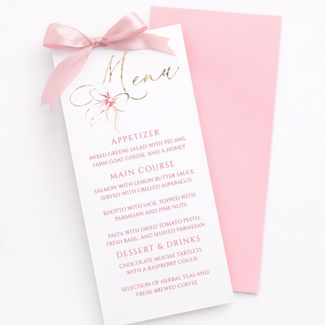 Pink Bow Gold Typography Elegant Party Menu (Pink Bow Menu Cards)