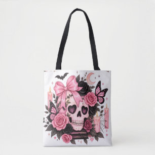 Pink Bow Gothic Skull Coquette Halloween Tote Bag