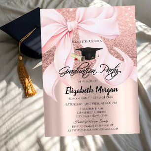 Pink Bow Grad Cap Rose Gold Glitter Graduation Invitation