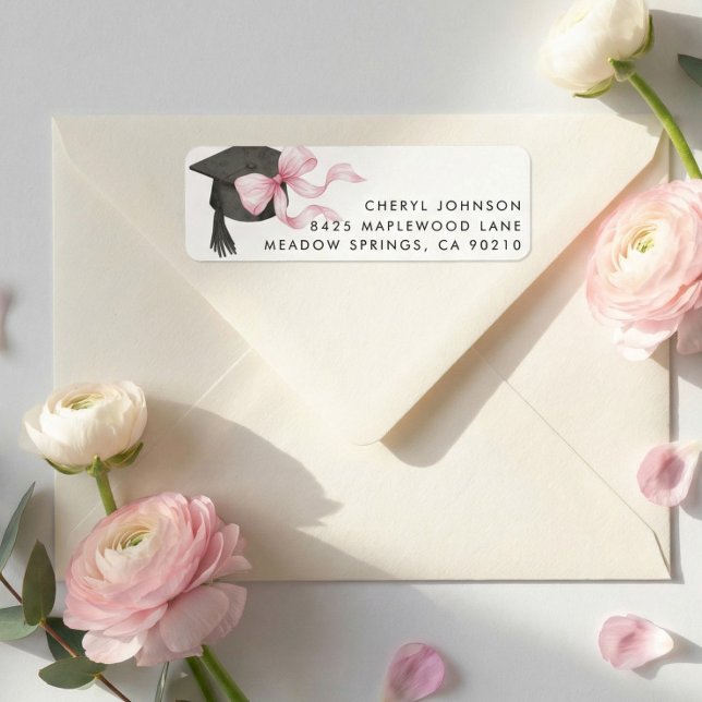 Pink Bow Graduation Cap Return Address Label (Creator Uploaded)