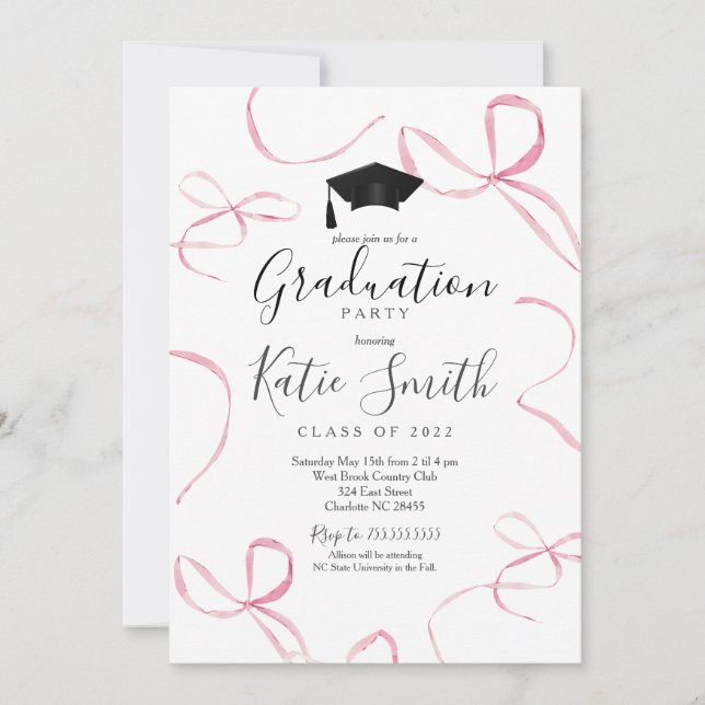 Pink bow Graduation Invitation, Invitation (Front)