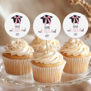Pink Bow Graduation She Earned It Cupcake Topper Classic Round Sticker