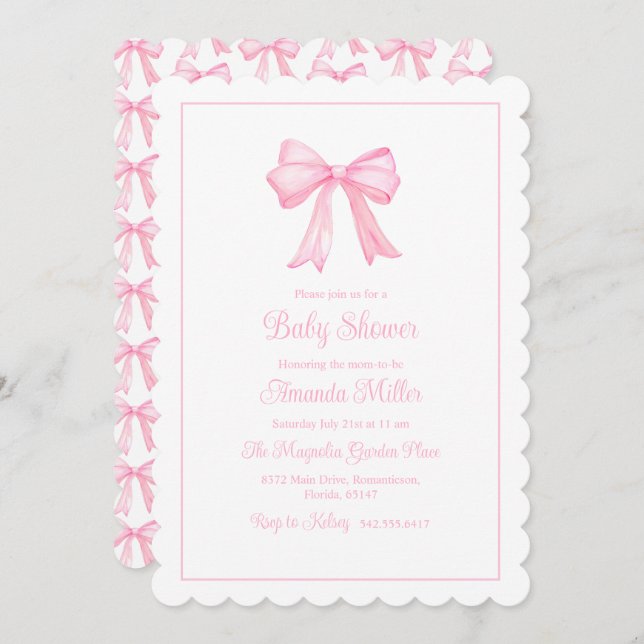 Pink Bow Grandmillennial Preppy Baby Shower Invitation (Front/Back)