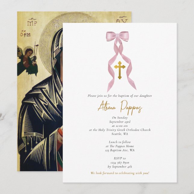 Pink Bow Greek Orthodox Christening Girl Baptism Invitation (Front/Back)