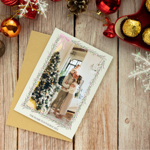 Pink Bow Green Garland Christmas Photo Holiday Card